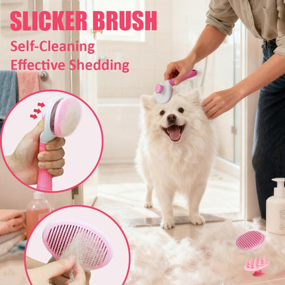 Master Queen self cleaning slicker brush being cleaned by pressing the rear button to release collected dog fur
