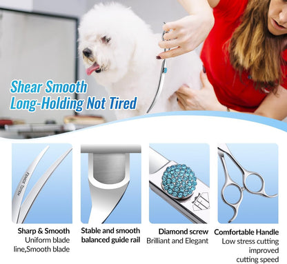 Fenice Totem 45 degree super curve pet scissor highlighting the built in noise silencer.