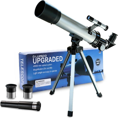 Luzsco kids astronomy telescope silver front view displaying optical tube setup