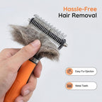Dematting comb for long-haired cats and dogs highlighting safe curved blades.