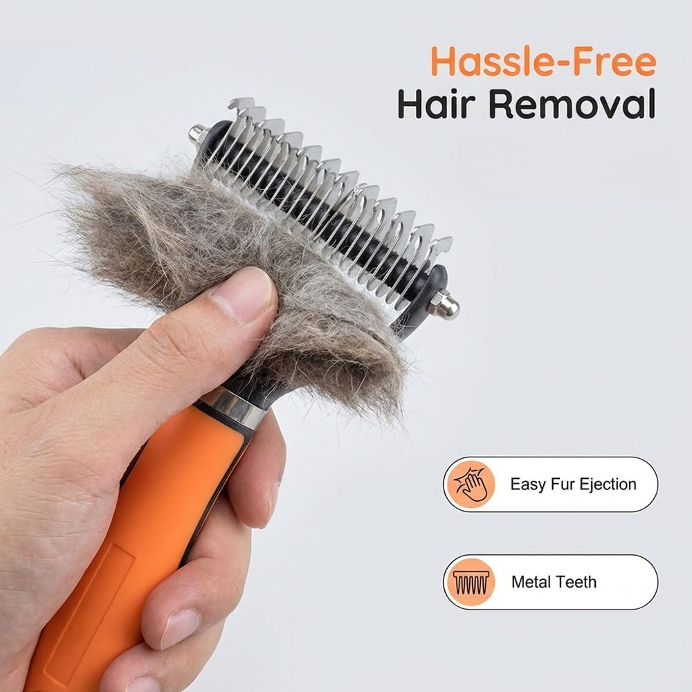 Dematting comb for long-haired cats and dogs highlighting safe curved blades.