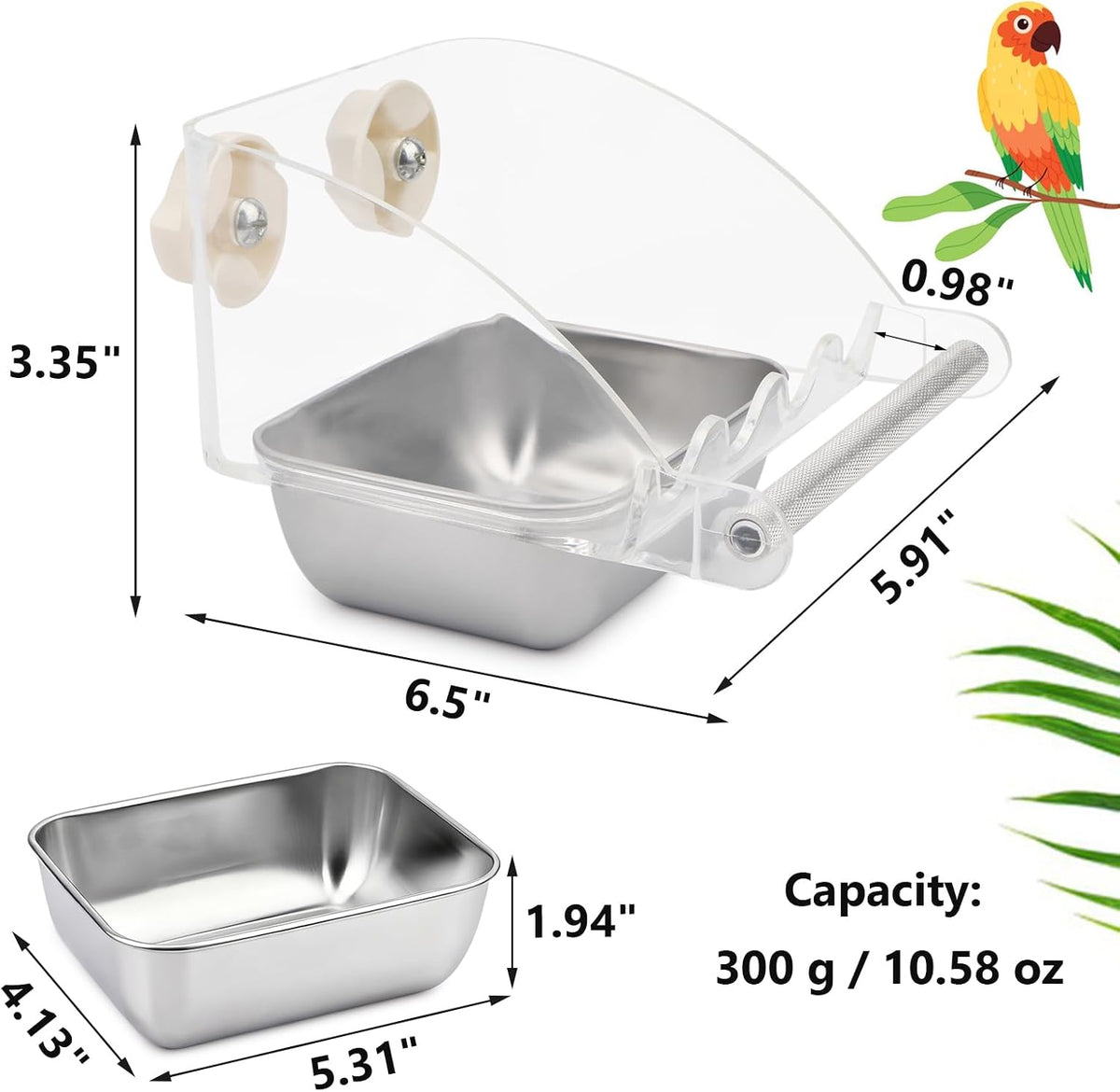 Hypeety parakeet feeder with stainless steel bowl close up