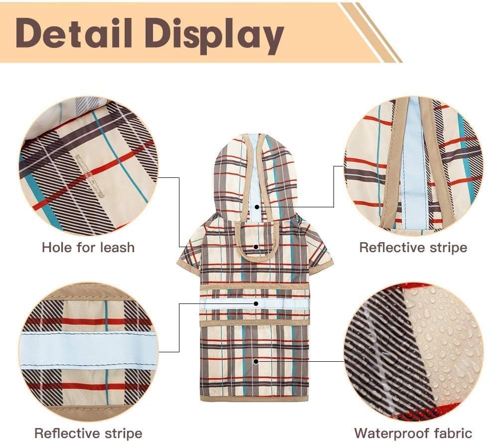 Waterproof doggie rain jacket beige plaid pattern on small puppy