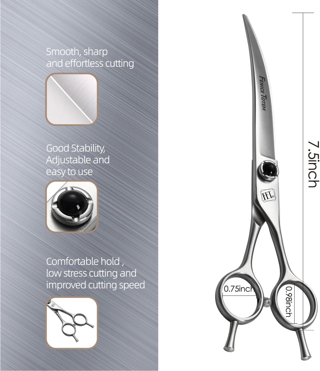Fenice Totem 7.5 inch pet shears showcasing the precise thirty degree curved edge contour.