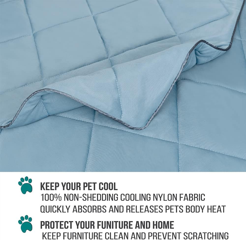 Dusty Blue fluffy pet mat used as a breathable mattress topper for puppies.