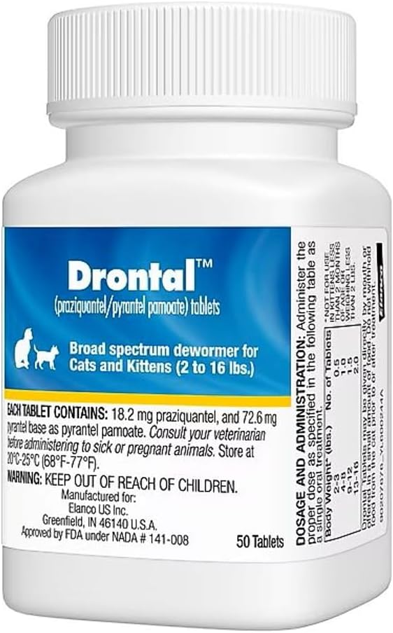 Elanco Drontal broad spectrum dewormer tablet packaging and label details