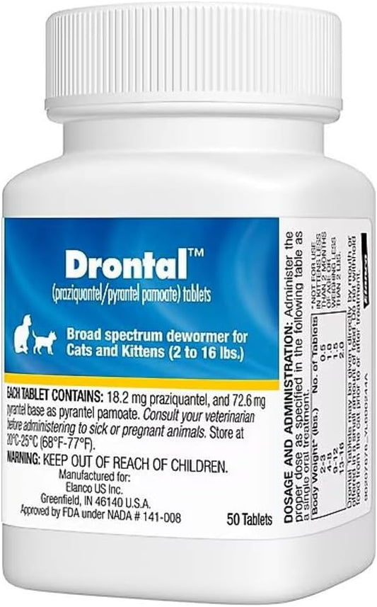 Elanco Drontal feline dewormer tablets packaging showcasing ingredients and parasite protection details