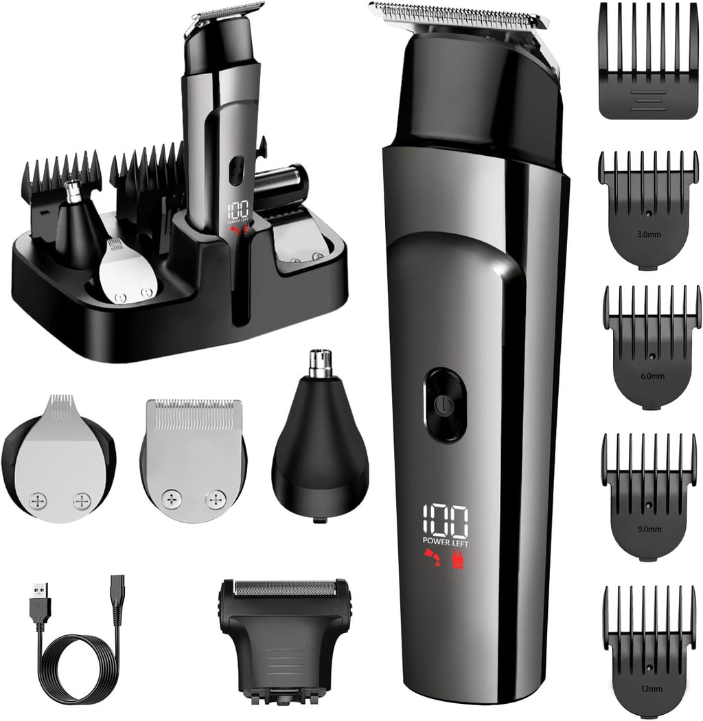 7d24hcare 5 in 1 beard trimmer for men front view showing digital LED power display