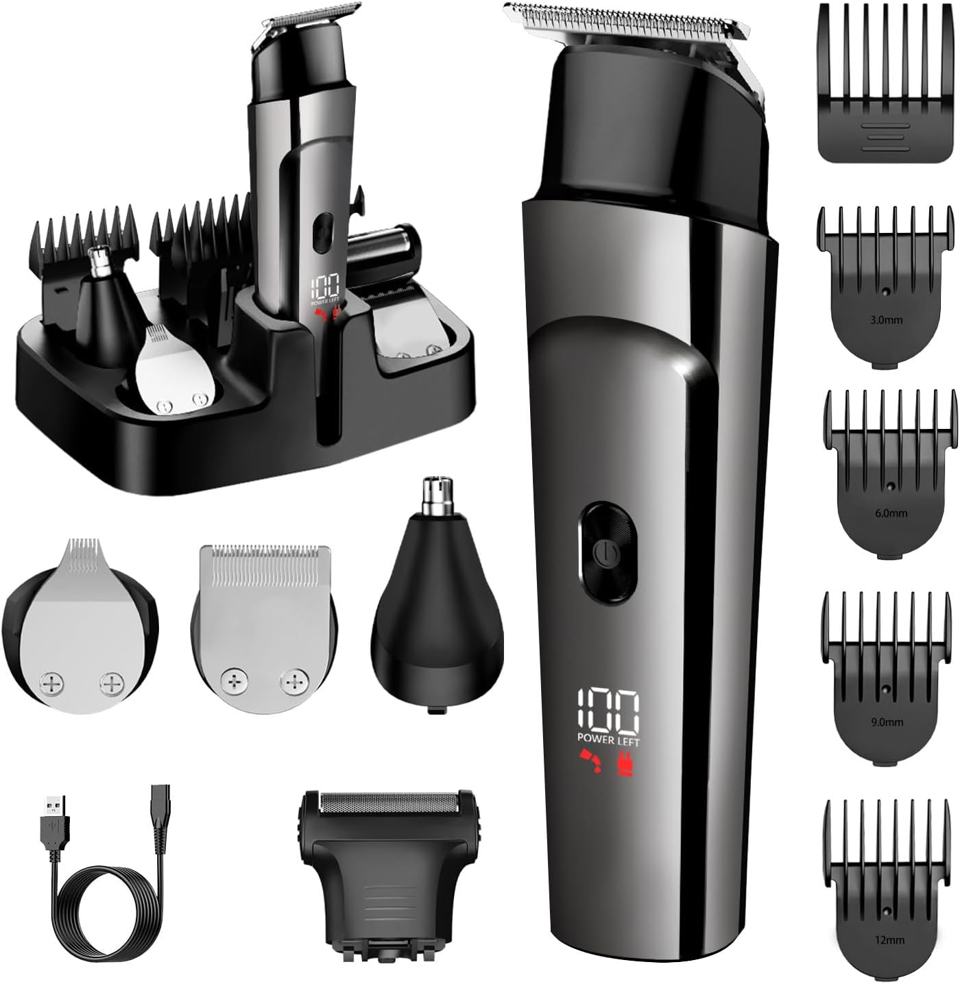 7d24hcare 5 in 1 beard trimmer for men front view showing digital LED power display
