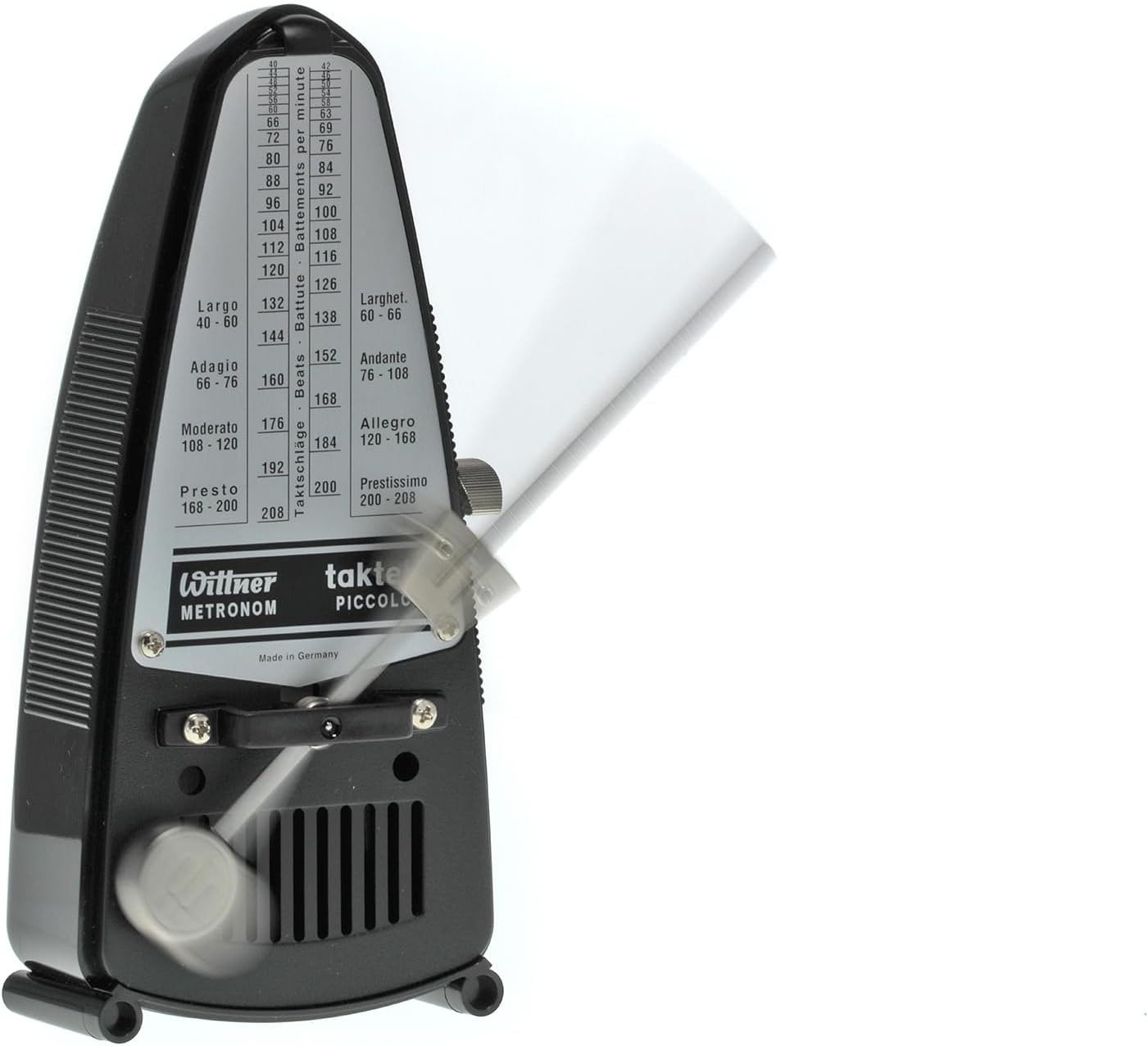Close up of the tempo scale from 40 to 208 beats per minute on a Wittner metronome.