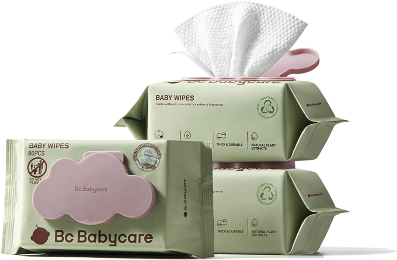 Bc Babycare Cloud Moist Baby Wipes, Thick & XL, 99% Water, Ultra-Hydrating, Unscented, Hypoallergenic for Sensitive Skin, Biodegradable, 3 Flip-Top, 240 Count - Image 1