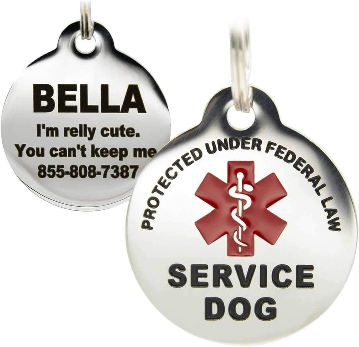 PetANTastic Engraved Service Dog Personalized ID Tag front view showing the red enamel medical alert caduceus symbol.