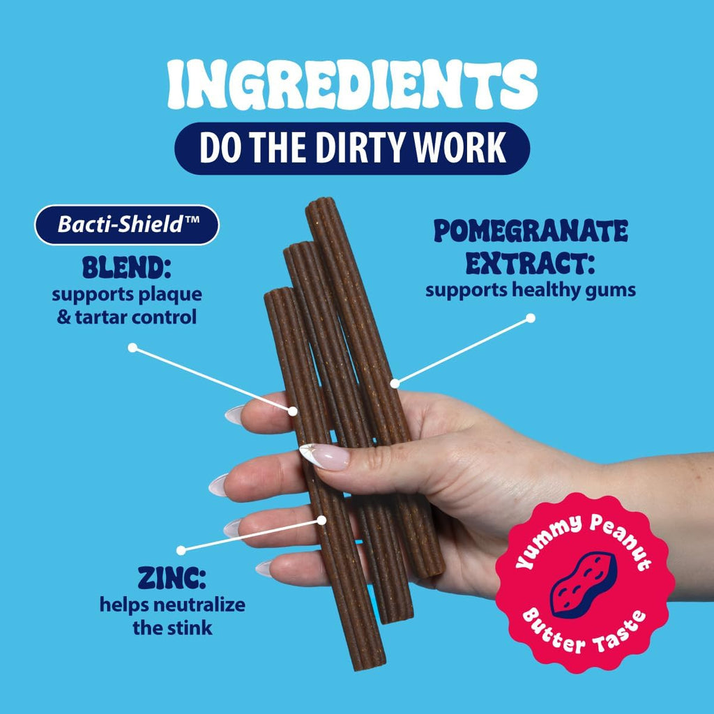 Back cover of Dental Fresh large dog treats displaying active ingredients and guidelines