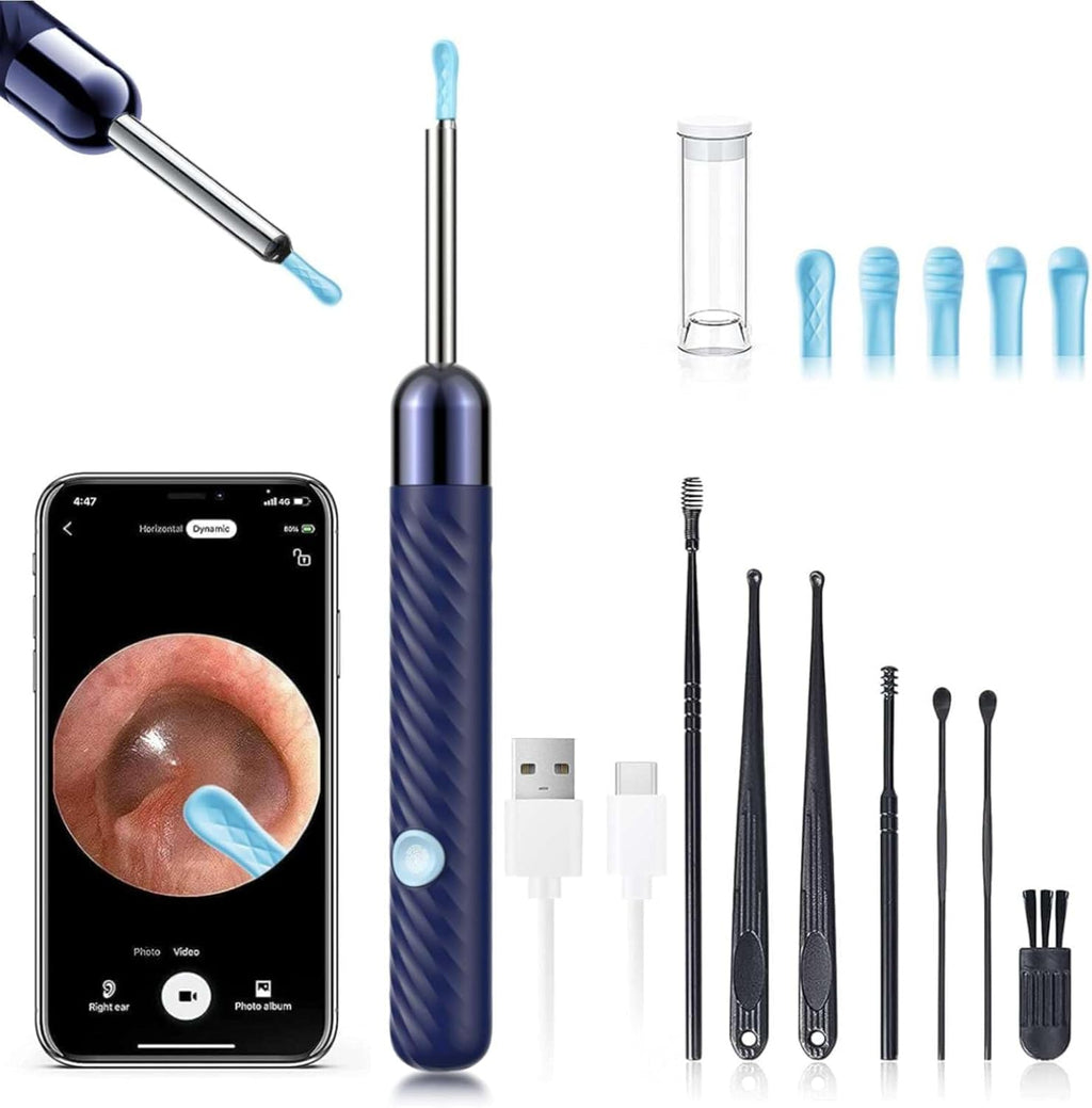 LEIPUT ear wax removal tool navy blue front view with camera tip and accessories.