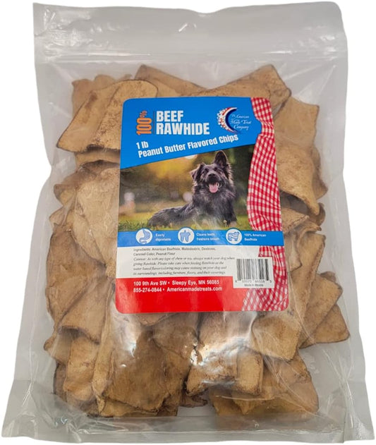 Close up of authentic USA imported peanut butter flavored rawhide alternative chips for dental health.