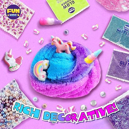 FUN KIDZ cloud slime kit showing assorted glitters sprinkles and unicorn charms laid out