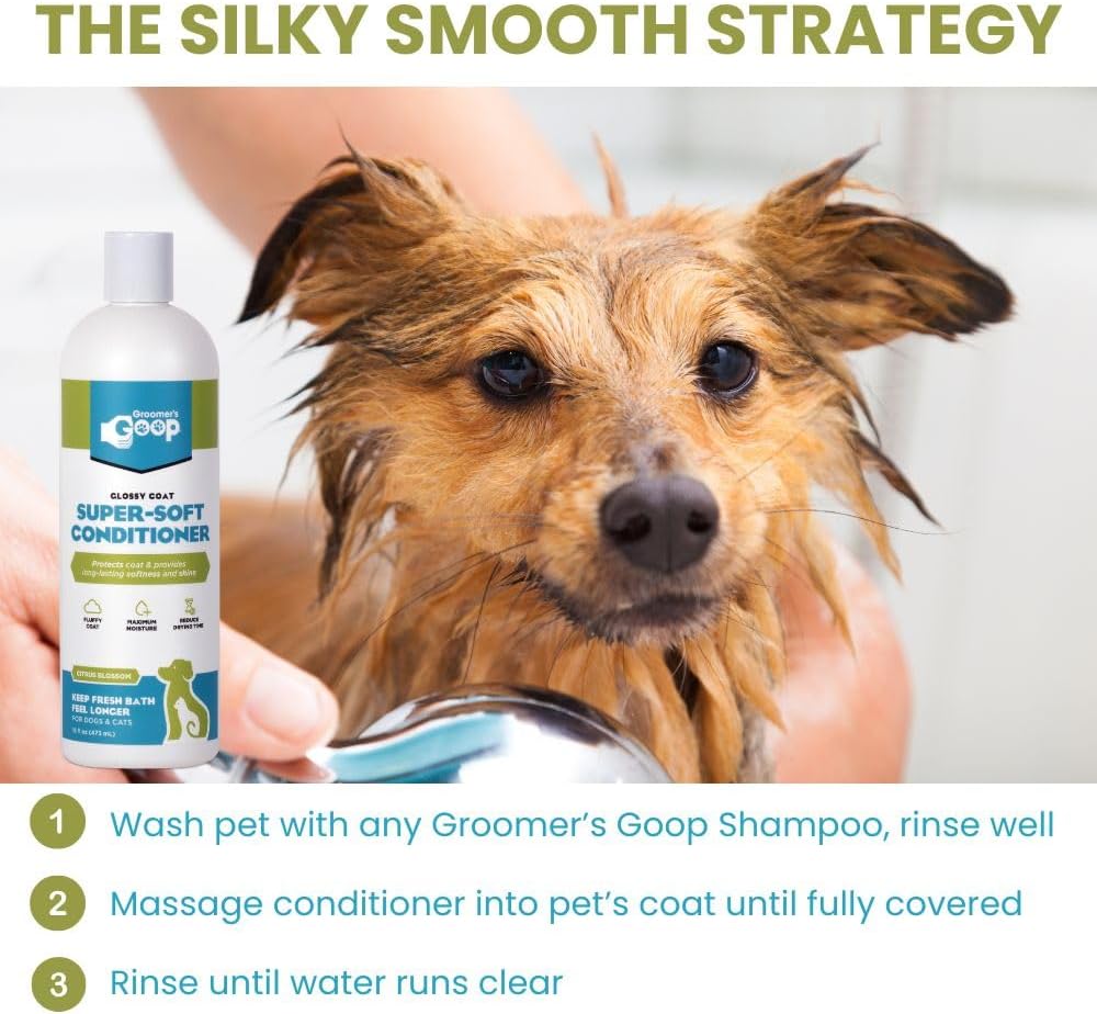 Groomers Goop Glossy Coat Super Soft pet conditioner bottle displayed upright