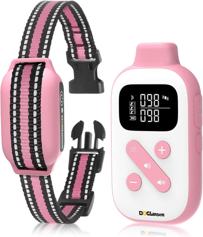 Doglinsen no shock dog training collar front view showing pink strap and remote control