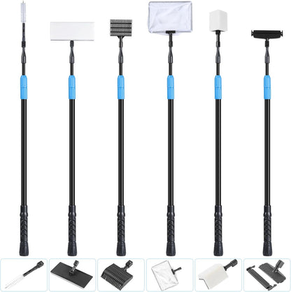 AquaMiracle 6 in 1 aquarium cleaning tool kit front view showing all interchangeable attachments