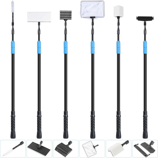 AquaMiracle 6 in 1 aquarium cleaning tool kit front view showing all interchangeable attachments