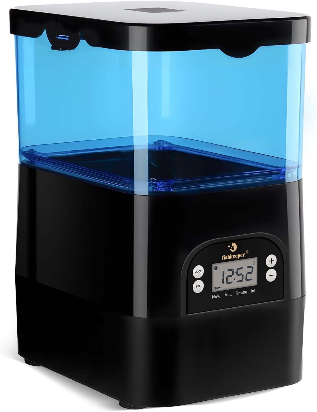 fishkeeper automatic pond fish feeder blue front view outdoor koi food dispenser
