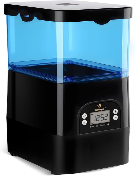 fishkeeper automatic pond fish feeder blue front view outdoor koi food dispenser