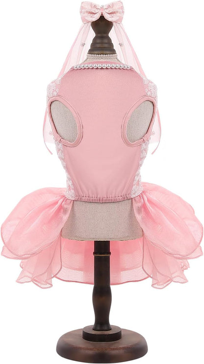 ASENKU pet lace tutu dress back view showing three decorative bows