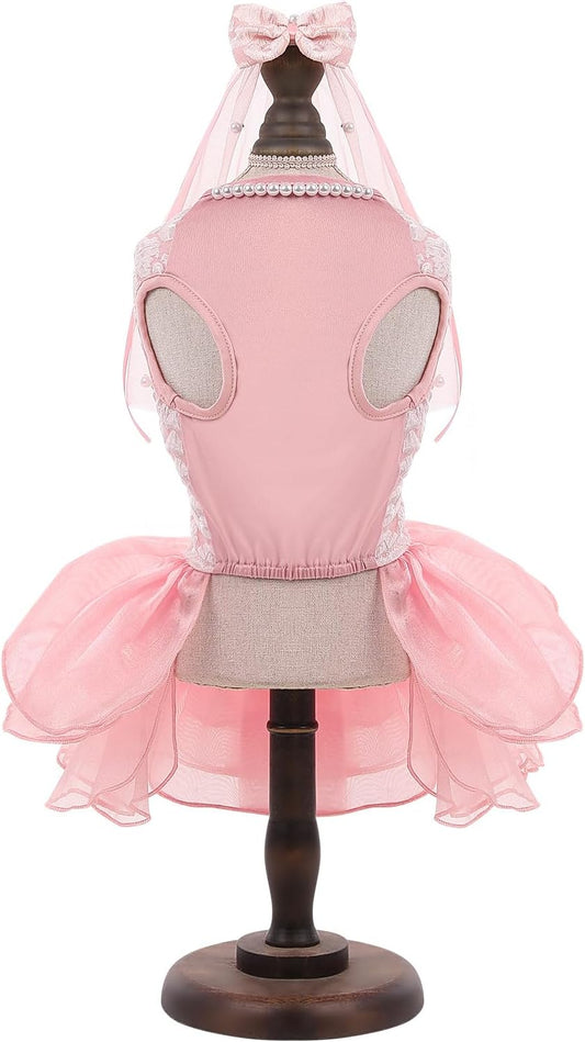 ASENKU pet lace tutu dress back view showing three decorative bows