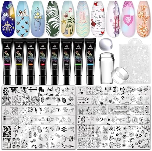 Biutee gel nail stamping kit with 8 colors and stamping plates