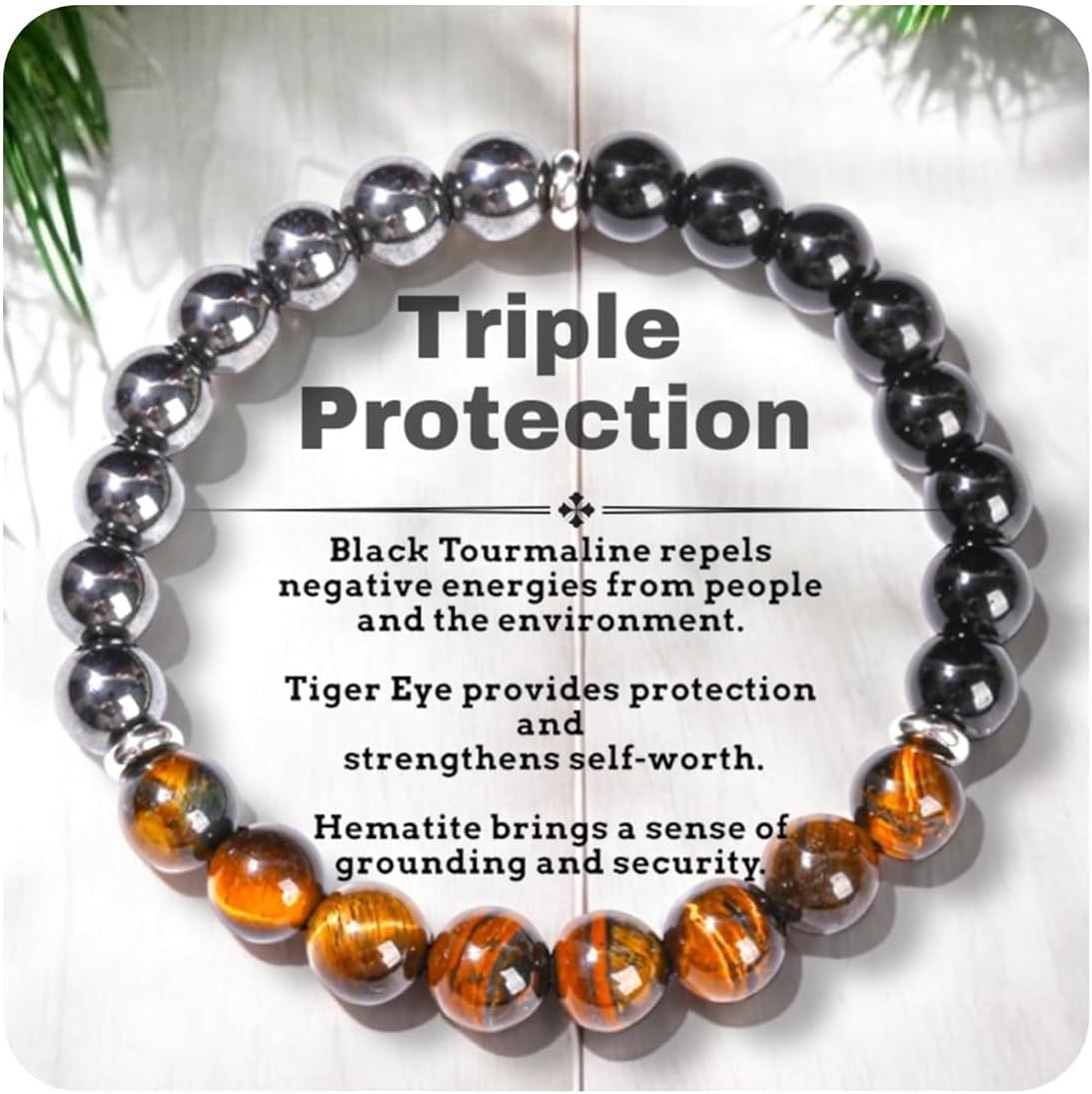 TUBIANCA Triple Protection Healing Crystal Bracelet front view with Tiger Eye and Hematite beads.