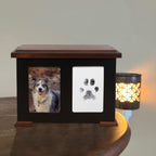 Sofunii wooden dog cremation box open showing the spacious interior and premium flannel lining