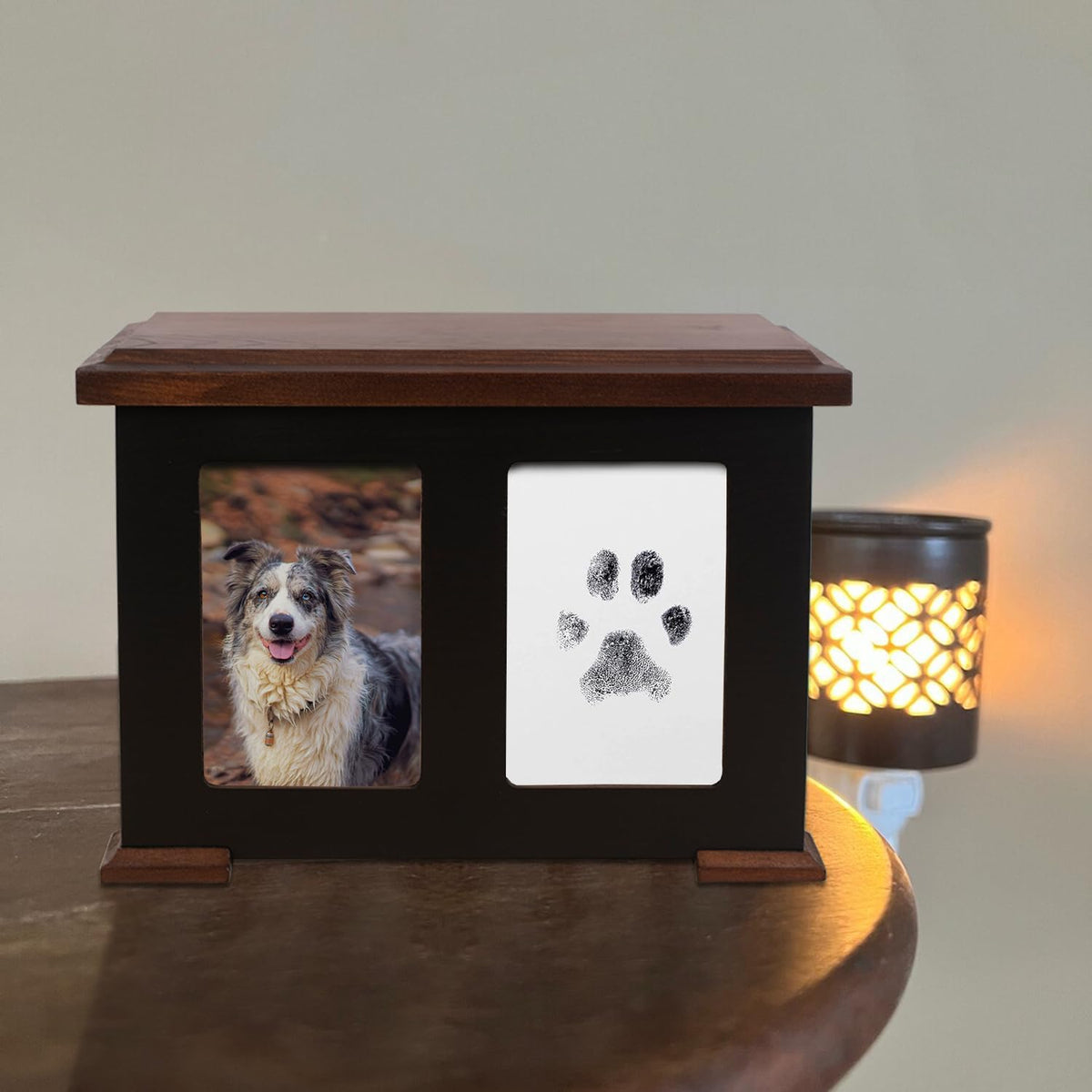 Sofunii wooden dog cremation box open showing the spacious interior and premium flannel lining
