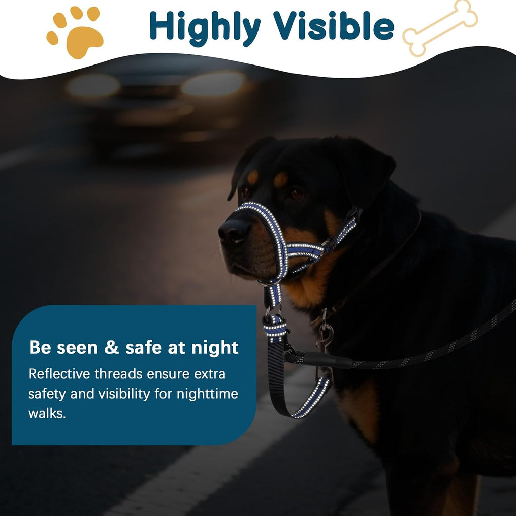 Barkless muzzle leash reflective stitching detail