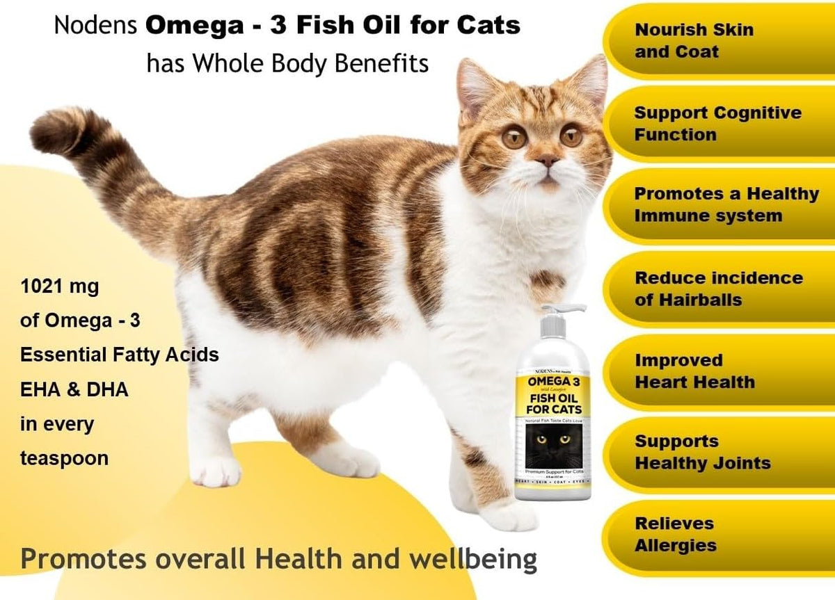 Nodens Pet Health Omega 3 fish oil supplement bottle showing pure marine ingredients
