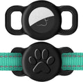 Dynmeow dog cat collar holder compatible with airtag front view showcasing black silicone paw print design