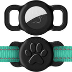 Dynmeow dog cat collar holder compatible with airtag front view showcasing black silicone paw print design