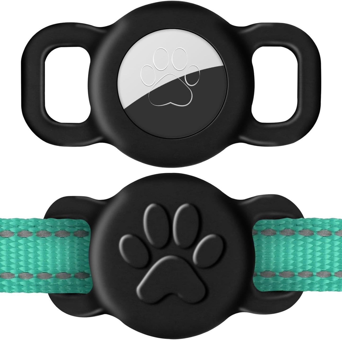 Dynmeow dog cat collar holder compatible with airtag front view showcasing black silicone paw print design