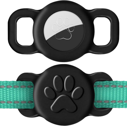 Dynmeow dog cat collar holder compatible with airtag front view showcasing black silicone paw print design