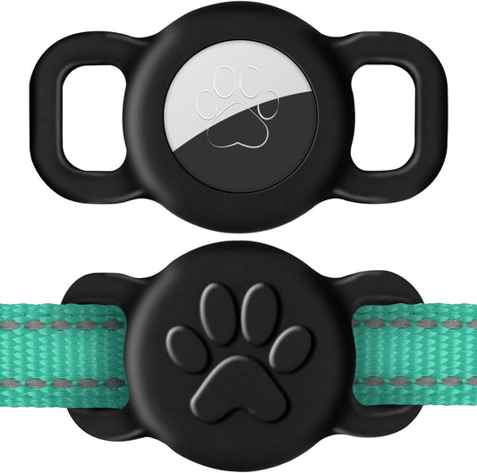 Dynmeow dog cat collar holder compatible with airtag front view showcasing black silicone paw print design