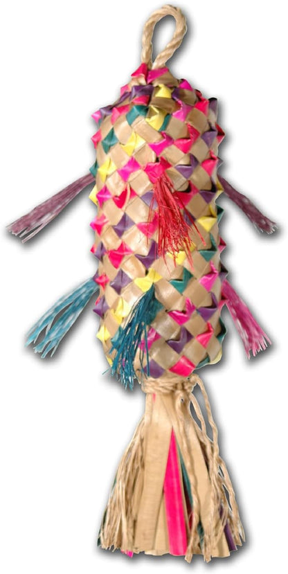 Handmade Planet Pleasures natural parrot shredder toy hanging setup.