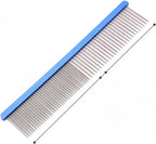 Premium stainless steel flat comb for cats and dogs being held to show the ergonomic blue grip design.