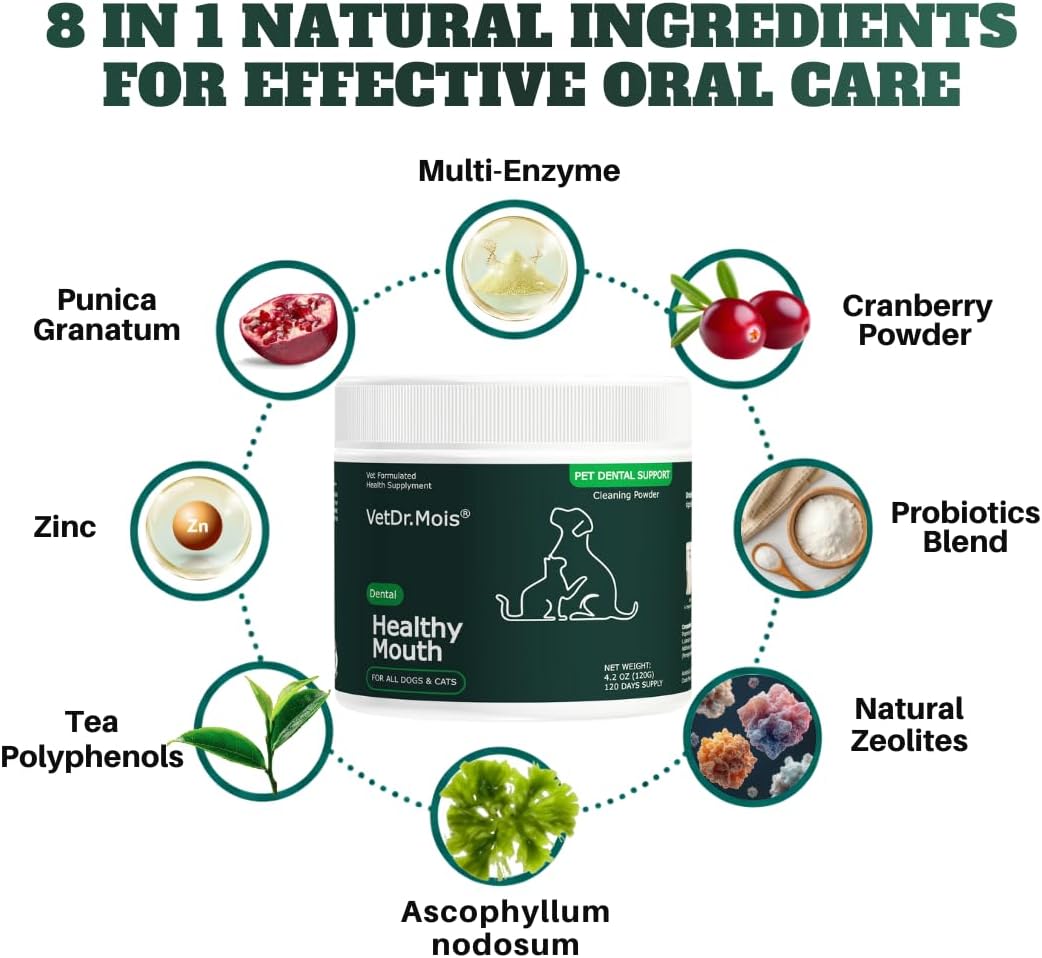 DRMOIS healthy mouth cleaning powder back label with instructions for dogs and cats