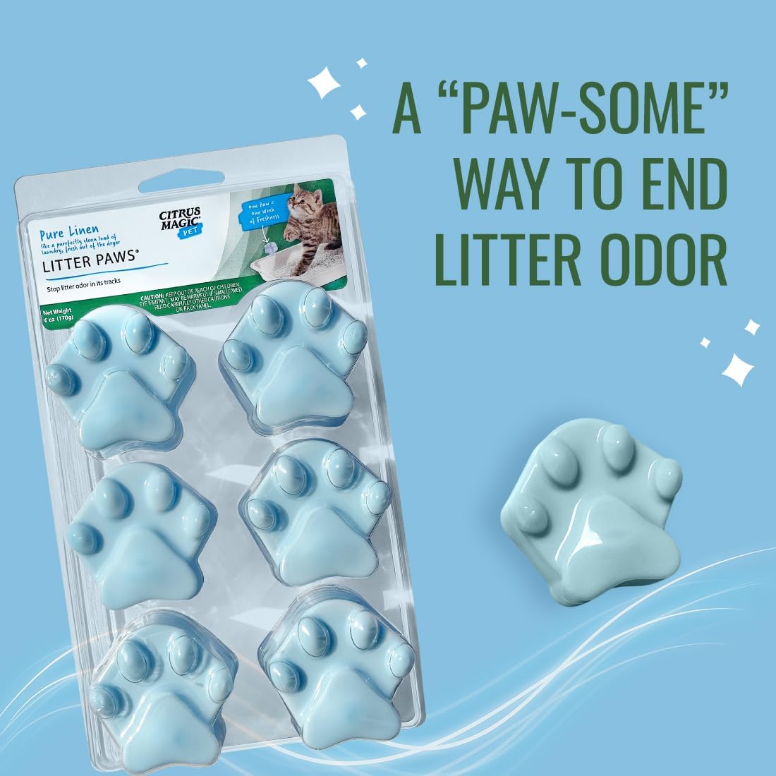 USA imported Citrus Magic pet odor control paw pod being placed near a cat litter box