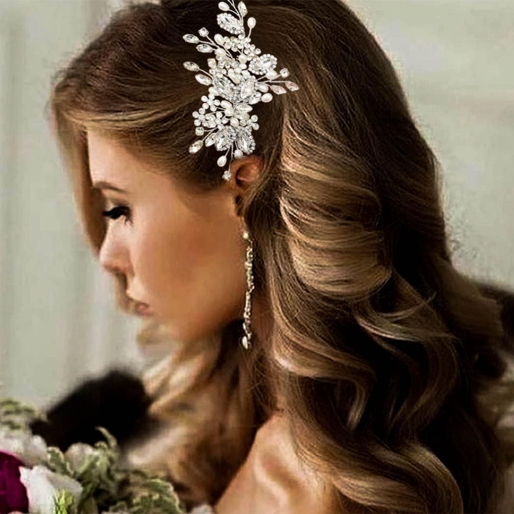 Casdre Crystal Bride Wedding Hair Comb front view showing intricate silver alloy work with pearls and crystals.