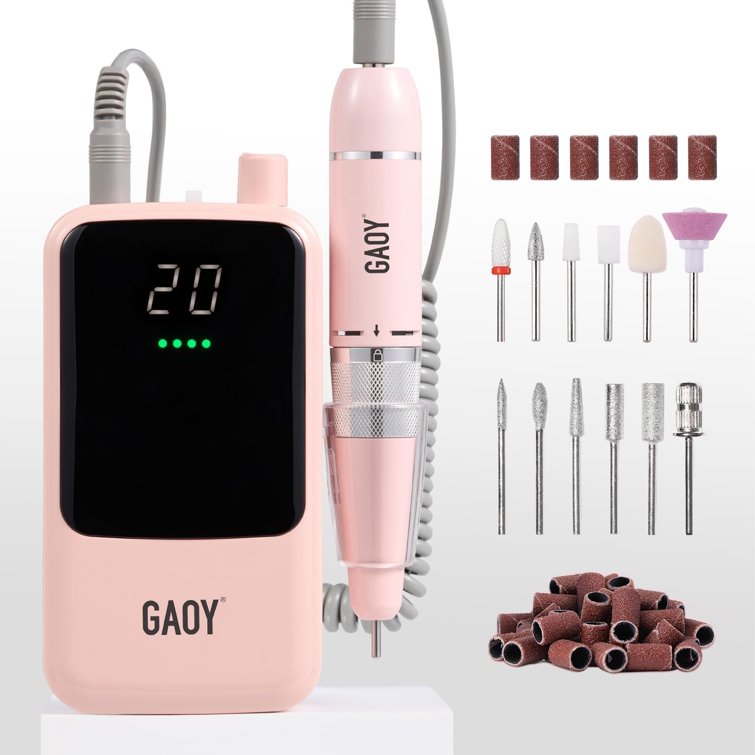 GAOY pink rechargeable cordless nail drill with speed control knob and 12 metal bits