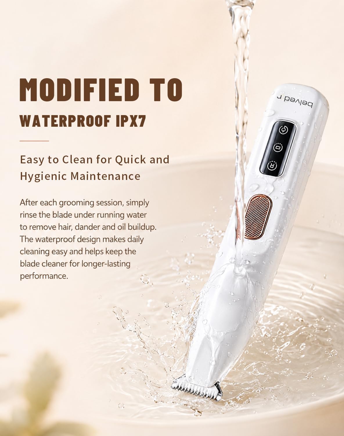 Belvedir quiet dog and cat shaver demonstrating safe blade proximity for paws and ears.