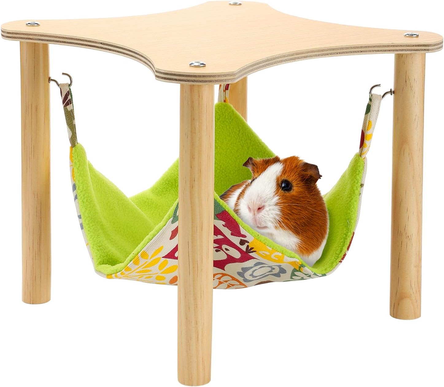 Alphatool guinea pig hammock with natural wooden stand front view