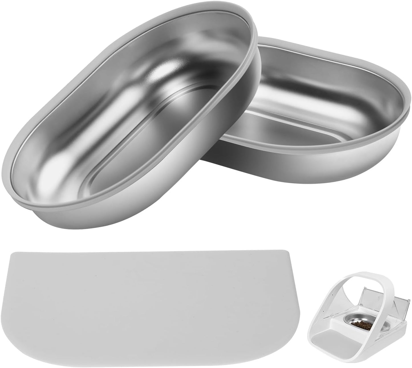 Redoso stainless steel bowl set for automatic microchip pet feeder front view showing two metal bowls and grey mat