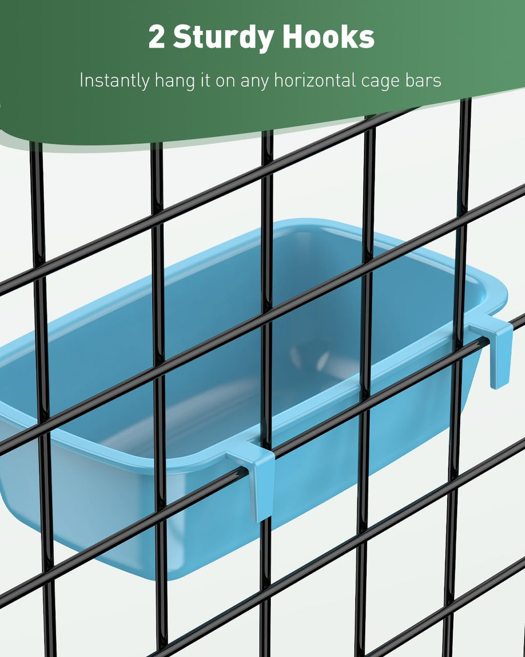 Hanging plastic coop cups mounted on wire cage bars