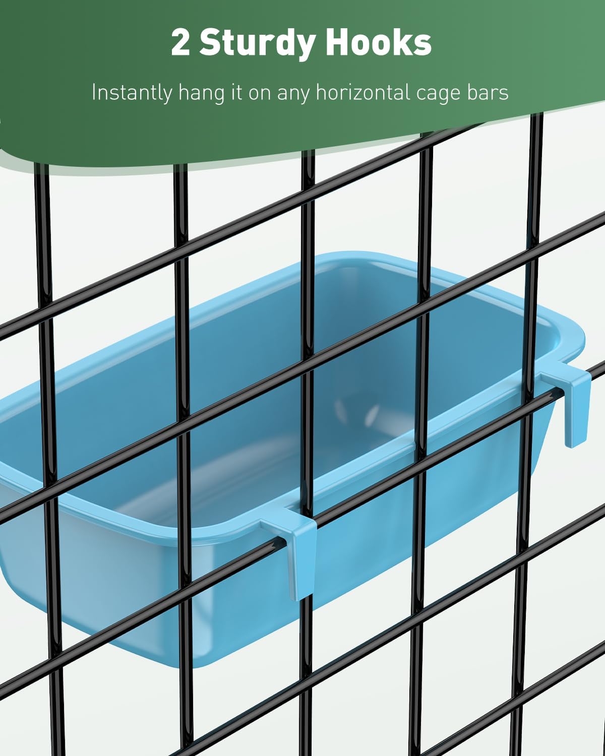 Hanging plastic coop cups mounted on wire cage bars